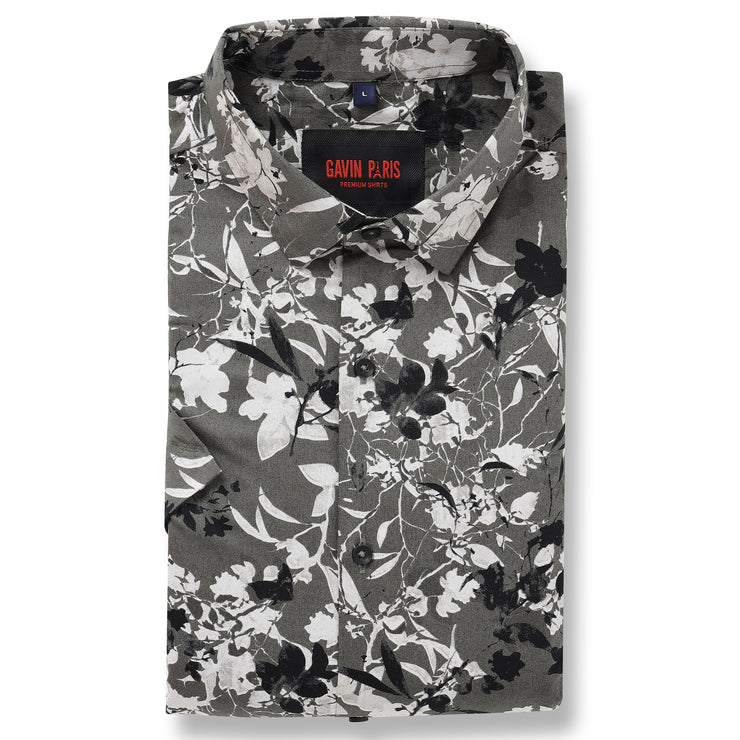 Half Sleeve Slim Fit Shirt- Grey with Black and White Floral Pattern (GP043)