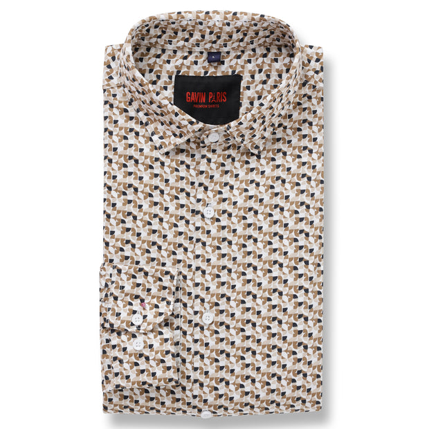 Beige and Black Geometric Slim Fit Pattern Full-Sleeve  Shirt (GP100)