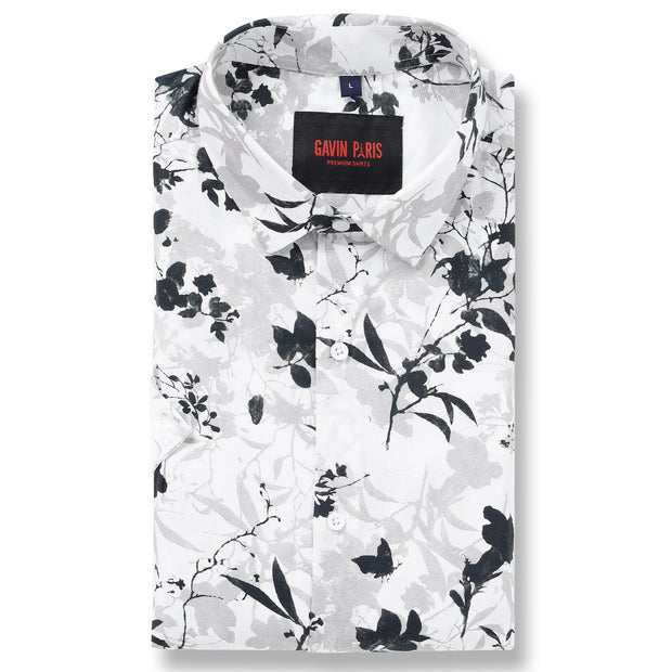 Half Sleeve Slim Fit Shirt- White with Black and Grey Floral Pattern (GP044)