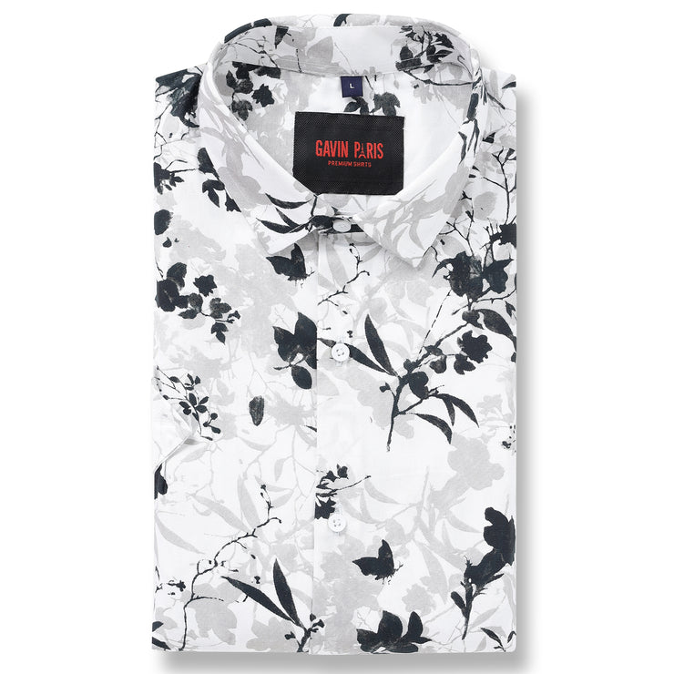 Half Sleeve Shirt- White with Black and Grey Floral Pattern (GP044)