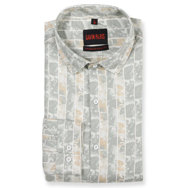 Light Grey and Beige Striped Floral Pattern Slim Fit Full Sleeve Shirt (GP137)