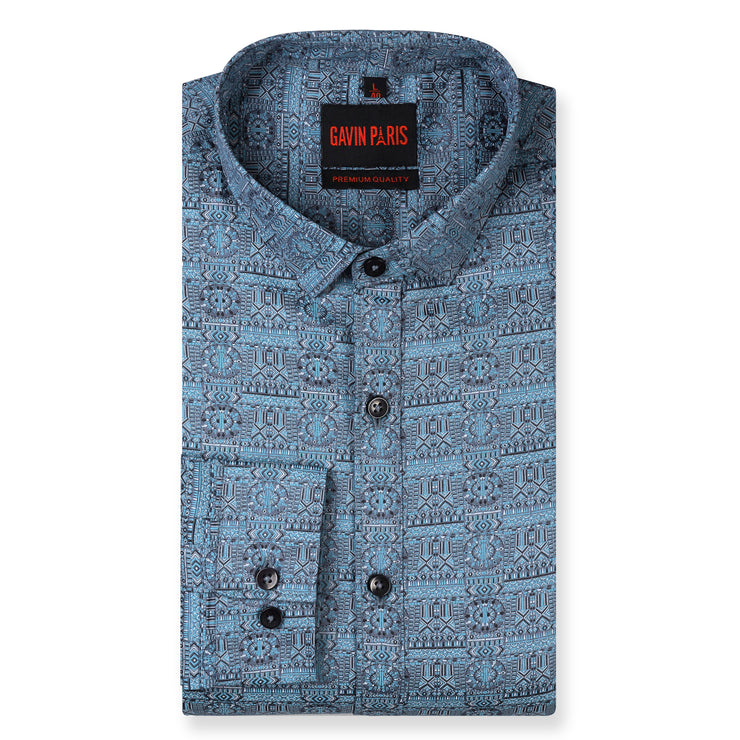 Blue Ethnic Pattern Slim Fit Full Sleeve Shirt (GP249)