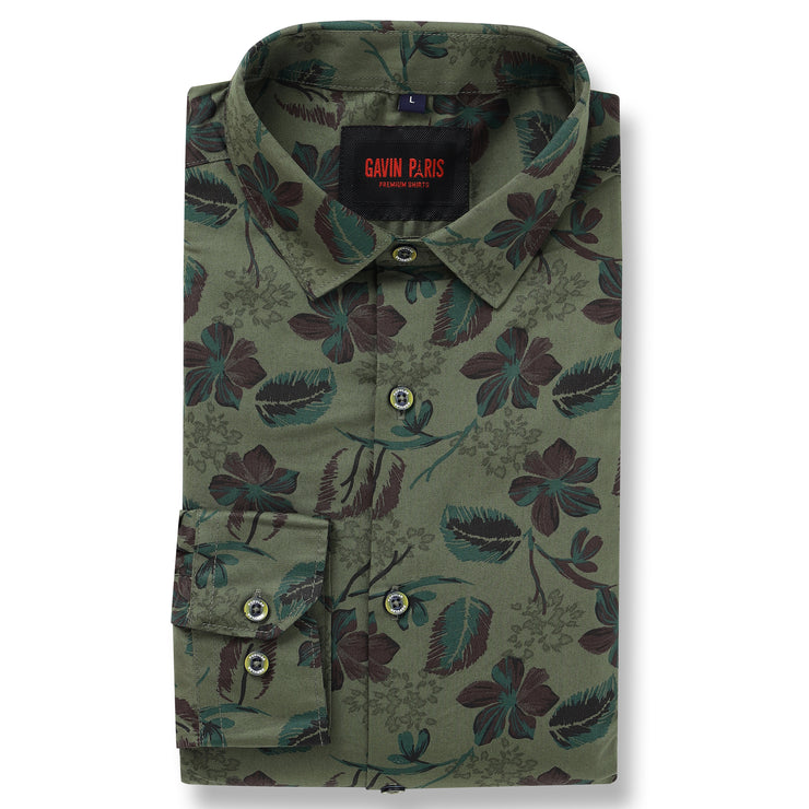 Olive Green Floral Full-Sleeve Shirt (GP039)