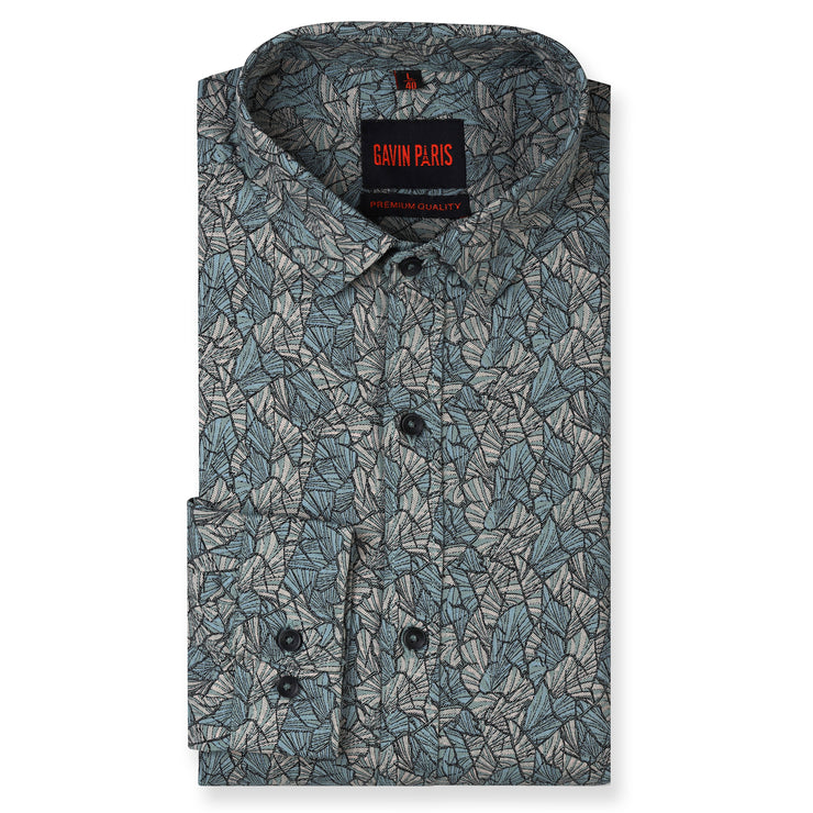 Leaf Print Slim Fit Full Sleeve Shirt - Teal Green (GP223)