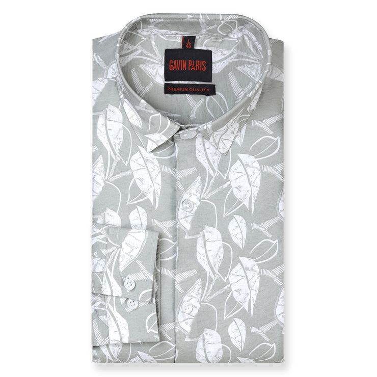 Leaf Print Slim Fit Full Sleeve Shirt - Light Grey (GP228)