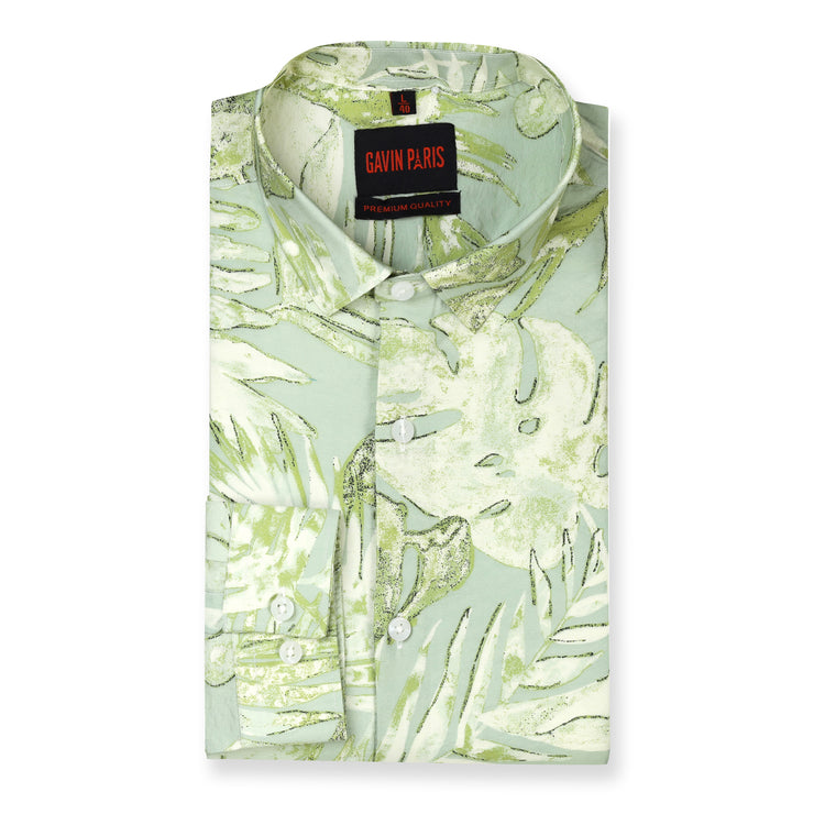 Abstract Floral Print Slim Fit Full Sleeve Shirt - Mint Green (GP231)