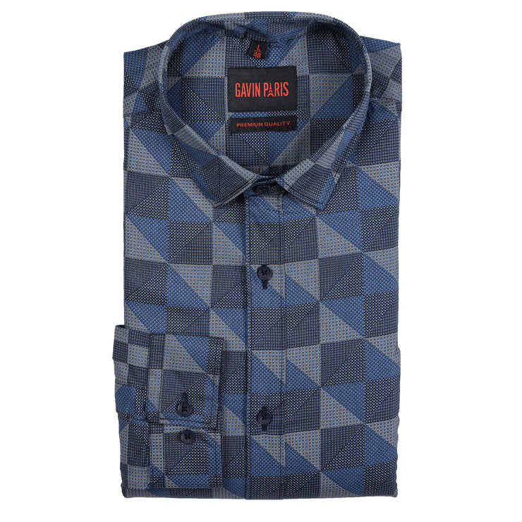 Full-Sleeve Slim Fit Blue Geometric Pattern Shirt (GP205)