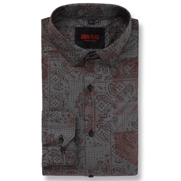 Brown with Paisley and Geometric Pattern Slim Fit Full Sleeve Shirt (GP056)