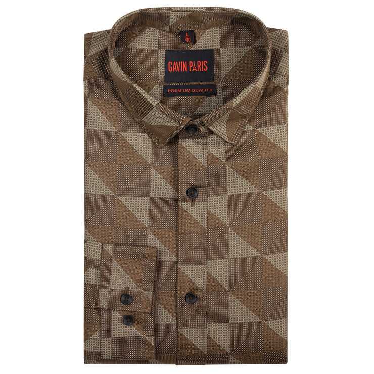 Full-Sleeve Brown Geometric Pattern Slim Fit Shirt (GP204)