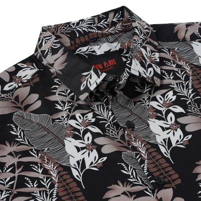 Half Sleeve Slim Fit Shirt - Black with Grey Floral Pattern (GP054)