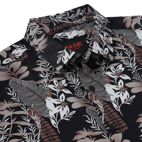 Half Sleeve Slim Fit Shirt - Black with Grey Floral Pattern (GP054)