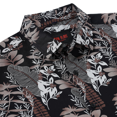 Half Sleeve Slim Fit Shirt - Black with Grey Floral Pattern (GP054)