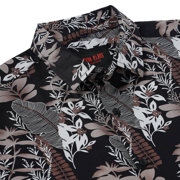 Half Sleeve Slim Fit Shirt - Black with Grey Floral Pattern (GP054)