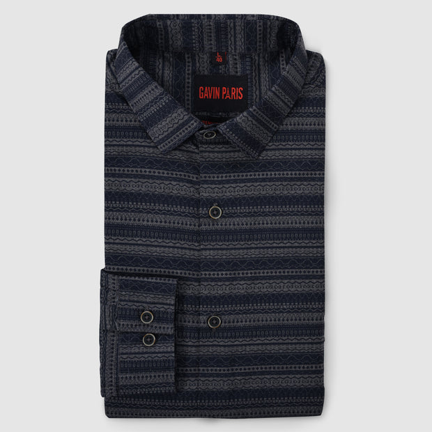 Men's Full Sleeve Navy Blue and Gray Striped Pattern Slim Fit Shirt (GP273)