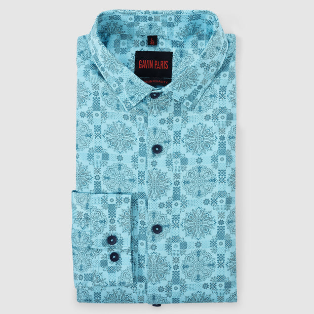 Aqua Blue Floral Medallion Print Men's Slim Fit Full Sleeve Shirt (GP298)