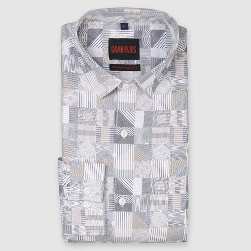 Abstract Geometric Slim Fit Full Sleeve Shirt - Ivory and Grey (GP214)