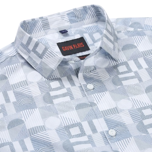 Abstract Geometric Slim Fit Full Sleeve Shirt - White and Blue (GP215)