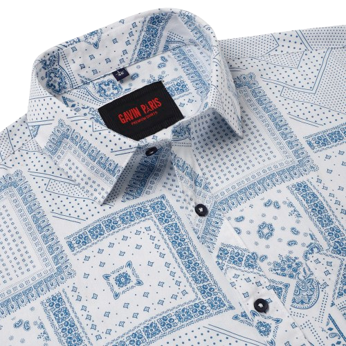 White and Blue Patterned Slim Fit Full-Sleeve Shirt (D012)