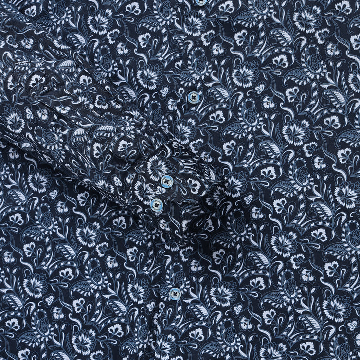 Navy Blue with White Floral Pattern Full Sleeve Shirt (GP024)