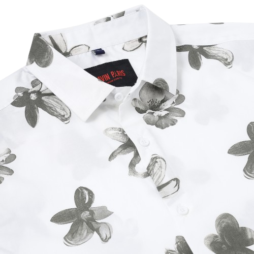 Half Sleeve Slim Fit Shirt - White with Grey Floral Pattern (GP050)