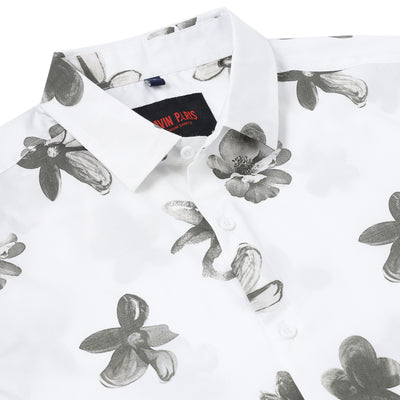 Half Sleeve Slim Fit Shirt - White with Grey Floral Pattern (GP050)