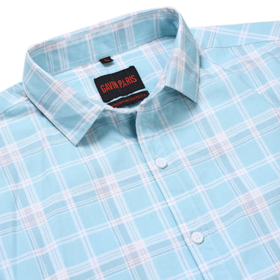 Aqua Blue Checkered Slim Fit Men's Full Sleeve Shirt (GP339)