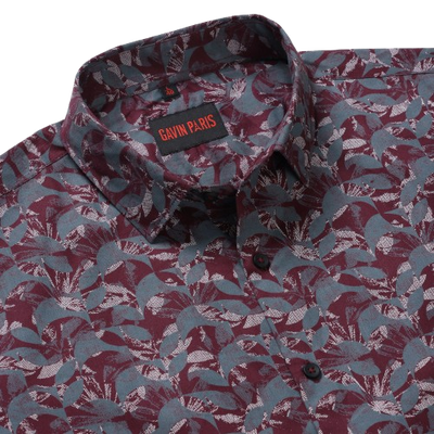 Maroon Slim Fit Men's Full Sleeve Shirt with Leaf Print (GP337)