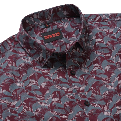 Maroon Slim Fit Men's Full Sleeve Shirt with Leaf Print (GP337)