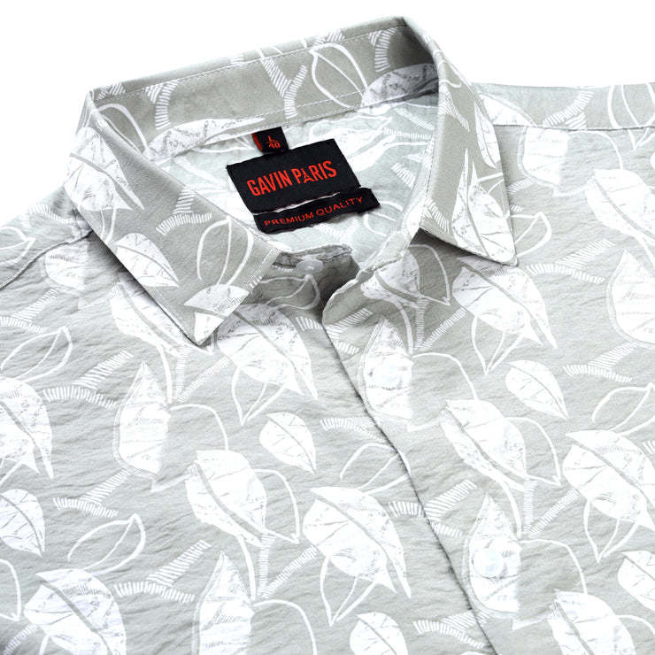 Leaf Print Slim Fit Full Sleeve Shirt - Light Grey (GP228)