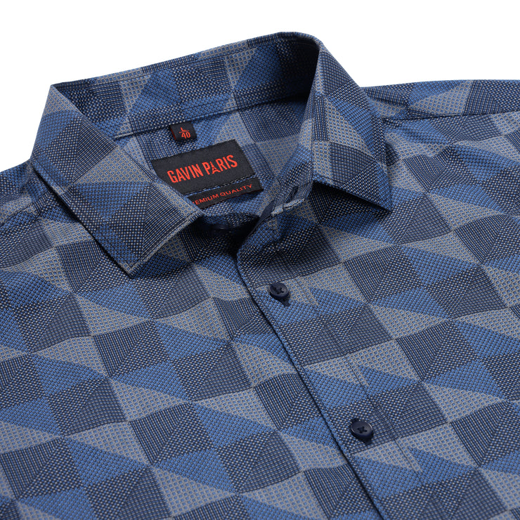 Full-Sleeve Slim Fit Blue Geometric Pattern Shirt (GP205)