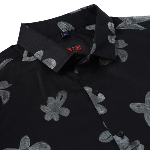 Half Sleeve Slim Fit Shirt - Black with Grey Floral Pattern (GP049)