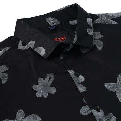 Half Sleeve Slim Fit Shirt - Black with Grey Floral Pattern (GP049)