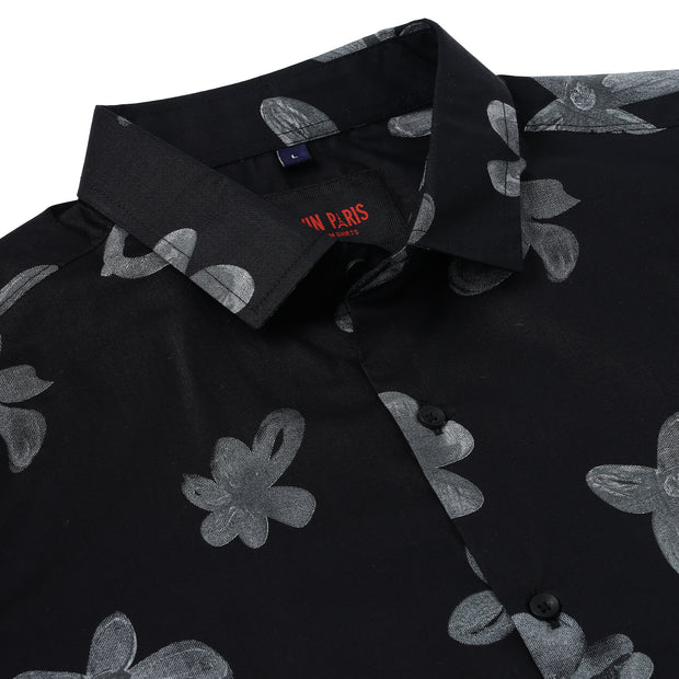 Half Sleeve Slim Fit Shirt - Black with Grey Floral Pattern (GP049)
