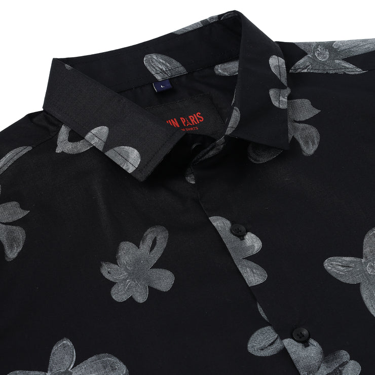 Half Sleeve Shirt - Black with Grey Floral Pattern (GP049)