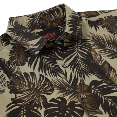 Half Sleeve Slim Fit Shirt - Beige with Brown Tropical Leaf Pattern (GP038)