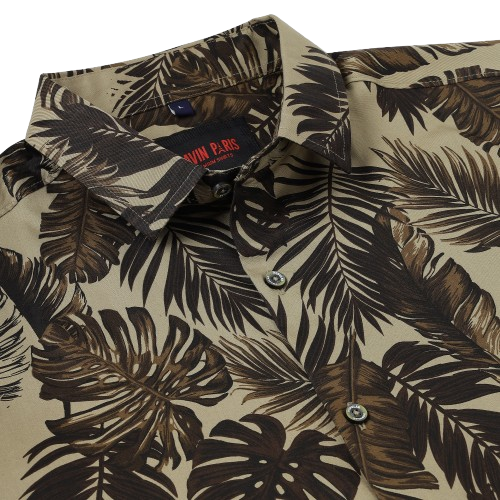 Half Sleeve Slim Fit Shirt - Beige with Brown Tropical Leaf Pattern (GP038)