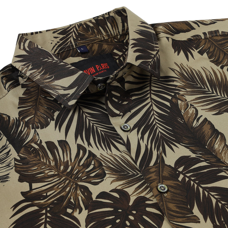 Half Sleeve Shirt - Beige with Brown Tropical Leaf Pattern (GP038)