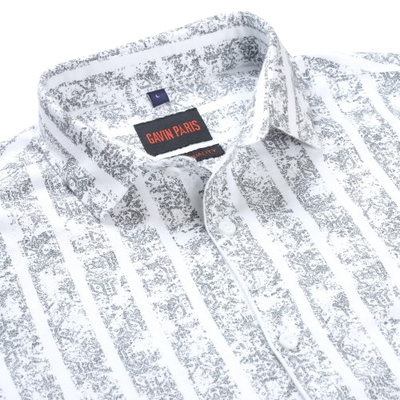 White Striped Slim Fit Full Sleeve Shirt with Intricate Grey Print (GP261)