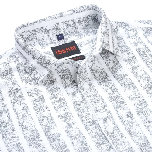 White Striped Slim Fit Full Sleeve Shirt with Intricate Grey Print (GP261)