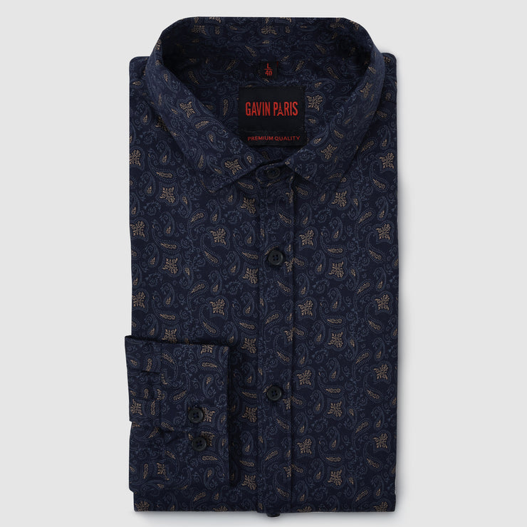 Navy Blue Paisley Motif Men's Slim Fit Full Sleeve Shirt (GP301)