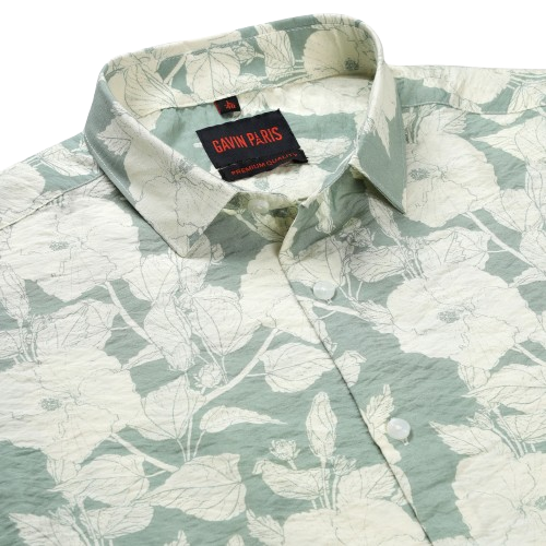 Floral Print Slim Fit Full Sleeve Shirt - Sage Green and Cream (GP233)