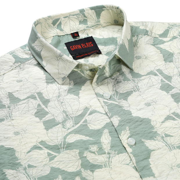 Floral Print Slim Fit Full Sleeve Shirt - Sage Green and Cream (GP233)