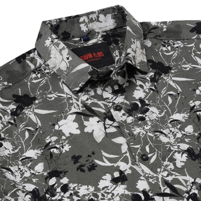 Half Sleeve Slim Fit Shirt- Grey with Black and White Floral Pattern (GP043)