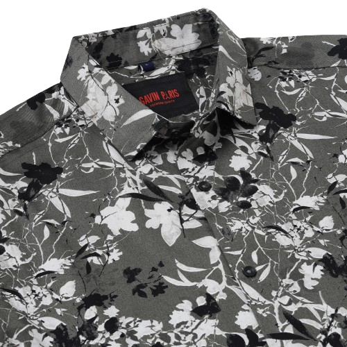 Half Sleeve Slim Fit Shirt- Grey with Black and White Floral Pattern (GP043)