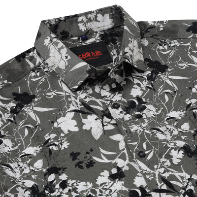 Half Sleeve Slim Fit Shirt- Grey with Black and White Floral Pattern (GP043)