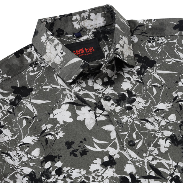 Half Sleeve Slim Fit Shirt- Grey with Black and White Floral Pattern (GP043)