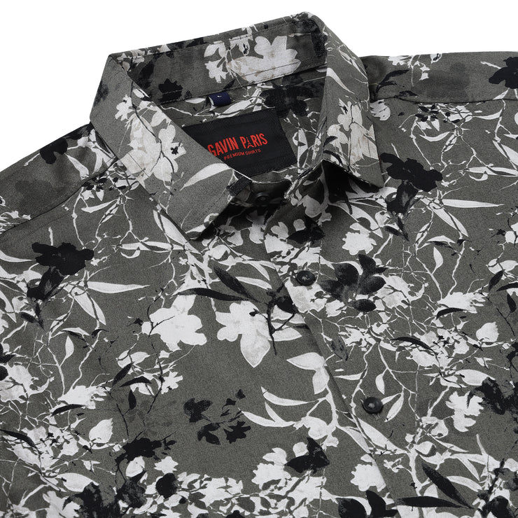 Half Sleeve Slim Fit Shirt- Grey with Black and White Floral Pattern (GP043)