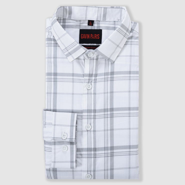 Light Gray and White Large Check Men's Slim Fit Full Sleeve Shirt (GP283)