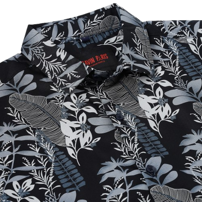 Half Sleeve Slim Fit Shirt - Black with Blue Botanical Pattern (GP053)