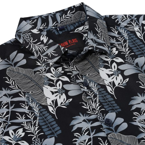 Half Sleeve Slim Fit Shirt - Black with Blue Botanical Pattern (GP053)
